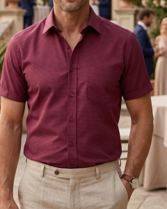 Bordowa koszula męska krótki rękaw 100% bawełna Modern Fit| Rozmiary M-4XL
